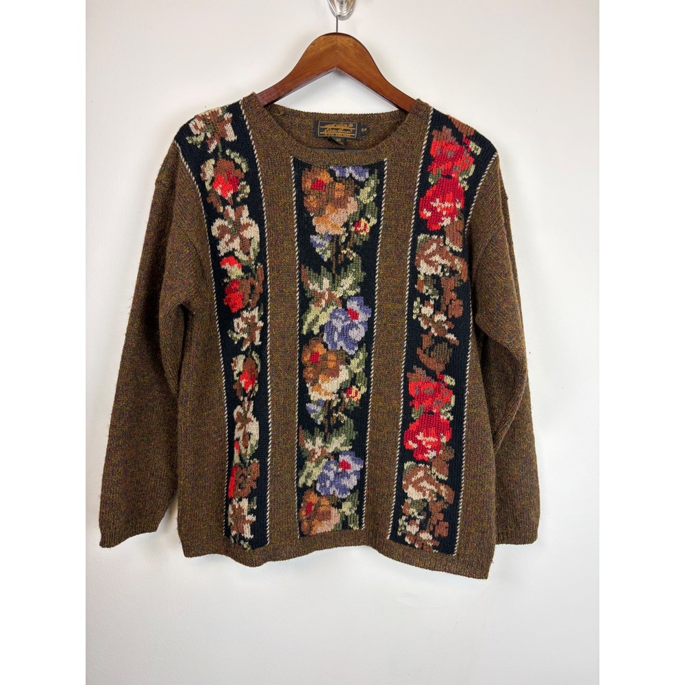 Eddie Bauer Sweater Small Brown Floral Wool Vintage 90s Intarsia Cottagecore